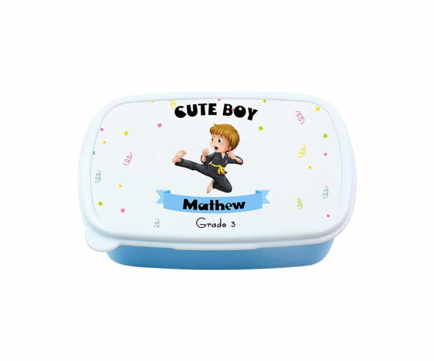 Lunchbox Blauw Bedrukt Schuin boven2